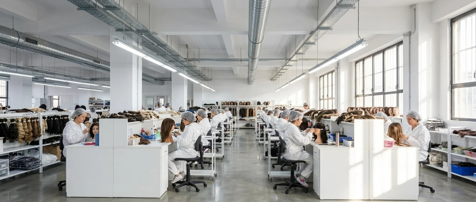 Source Wigs factory floor in Qingdao — workers hand-tying lace wigs