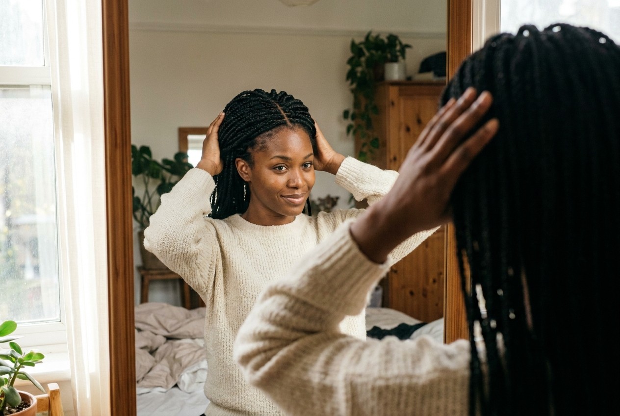 Woman easily installing a pre-braided wig in under 60 seconds