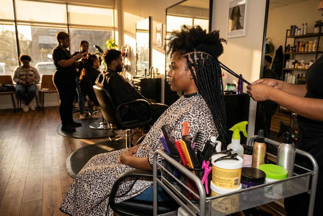 Woman waiting 6 hours for salon box braids session