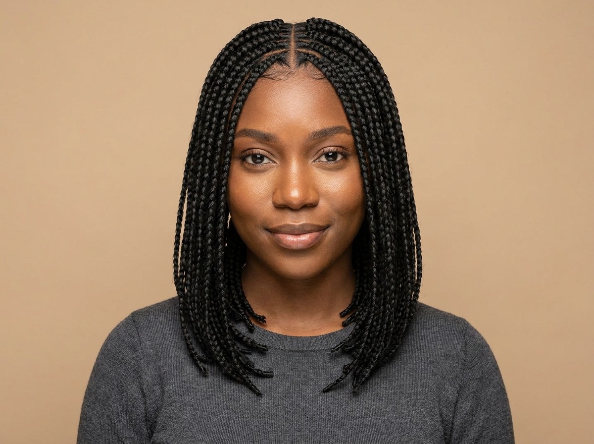 Wholesale knotless box braids wig model wearing hand-braided protective style wig
