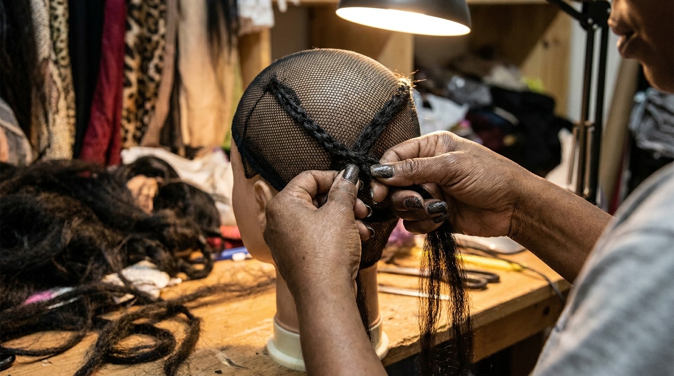 Factory artisan hand-braiding a wig taking 6-10 hours