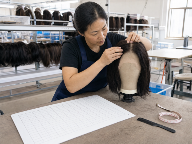 Quality control inspector comparing custom wig unit against approved spec sheet at Source Wigs factory