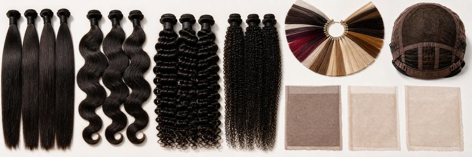 Custom wig specification parameters — hair types, cap constructions, lace grades, and color options at Source Wigs factory