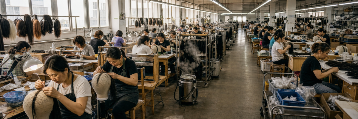 Custom wig production line at Source Wigs factory — workers at specialized stations for ventilation, coloring, and QC