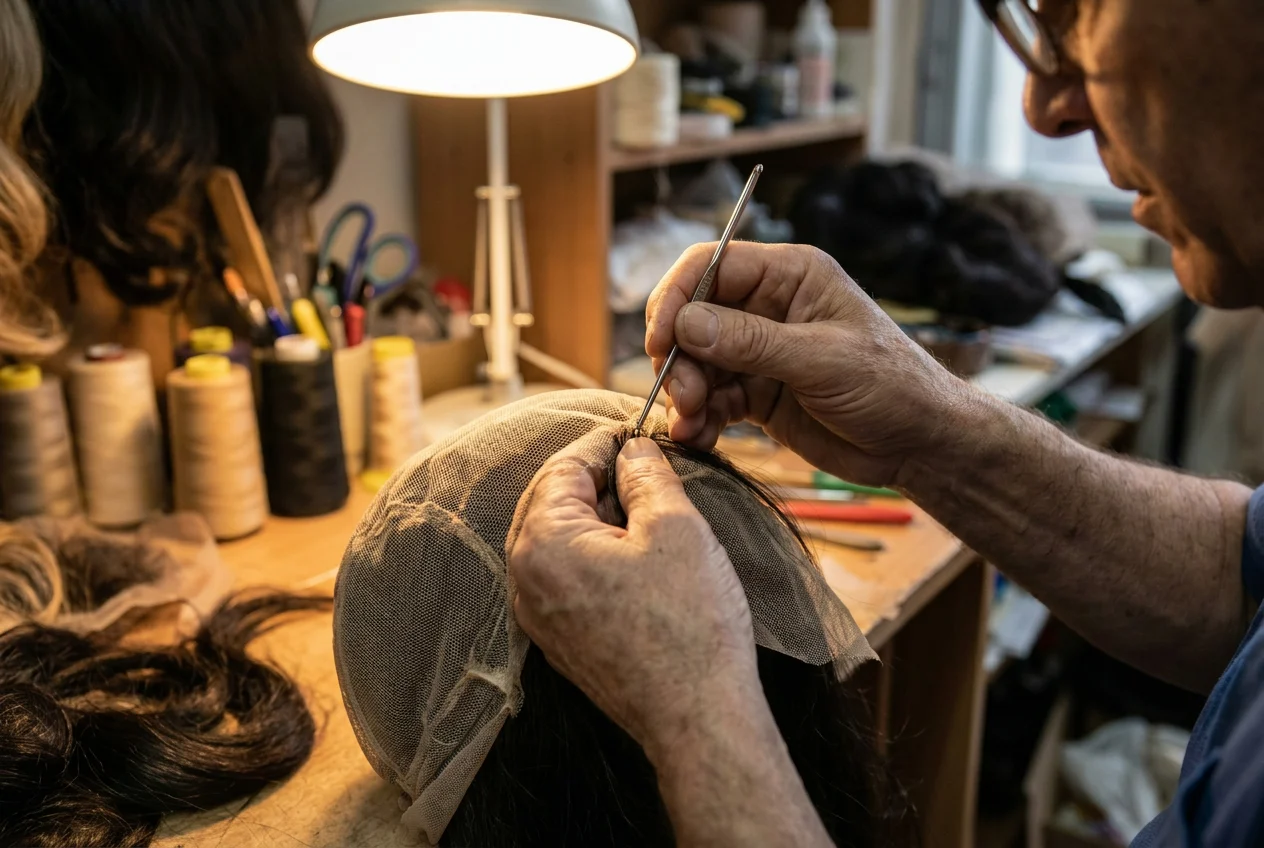 Human hair wig hand-tied ventilation process at wig factory