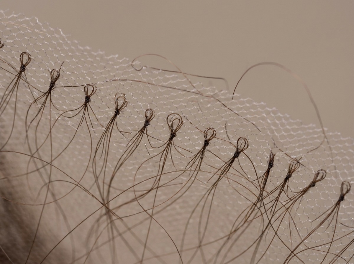 Interior of a full lace wig showing the complete lace cap construction, no weft strips, only uniform hand-tied lace mesh from front to nape