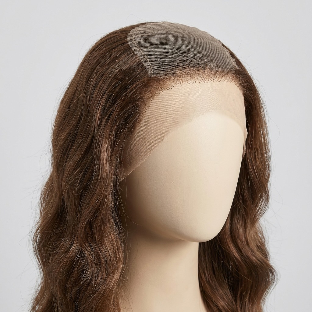Premium full lace wig on rotating mannequin stand, body wave texture, entire lace cap visible