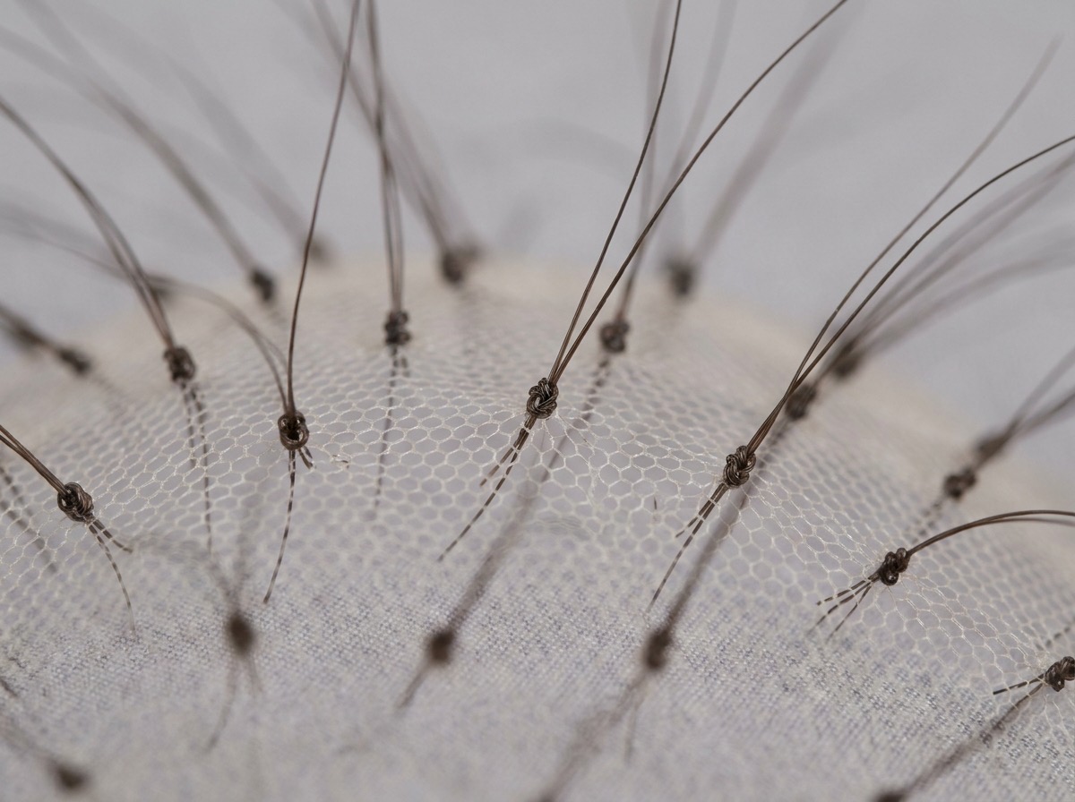 Monofilament hair topper base showing individual hair ties