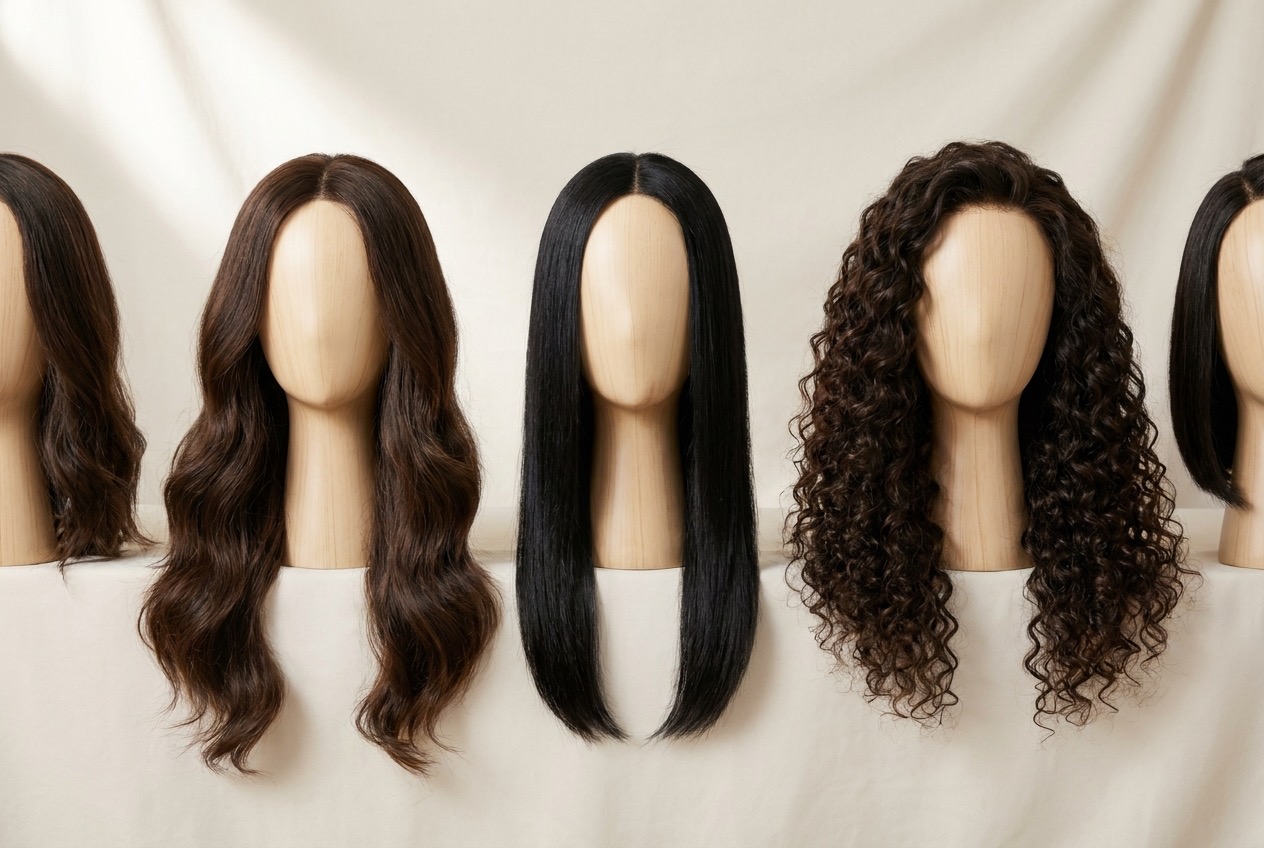 Wholesale human hair wigs collection - body wave, straight, and deep curl textures on display