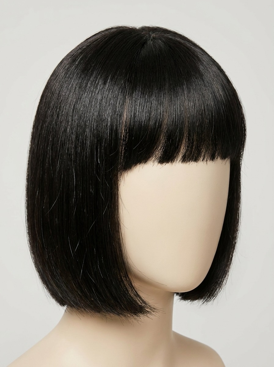 Short bob human hair wig with bangs, 10-inch blunt cut