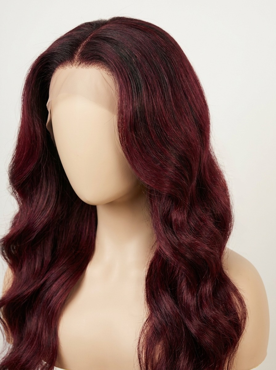 Burgundy 99J colored lace front human hair wig, body wave