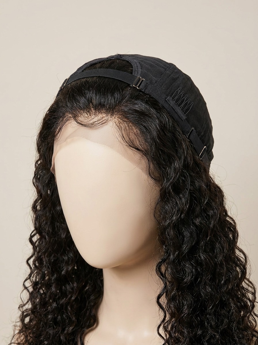 Deep wave glueless human hair wig with adjustable straps