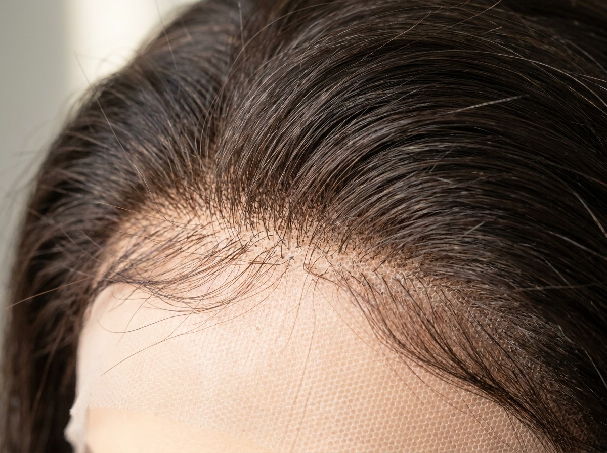 Close-up of lace front wig showing hand-tied knots and pre-plucked hairline