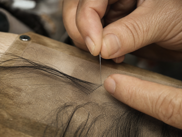 Micro-detail of hand-tying process using 0.5mm ventilating needle for featherweight density