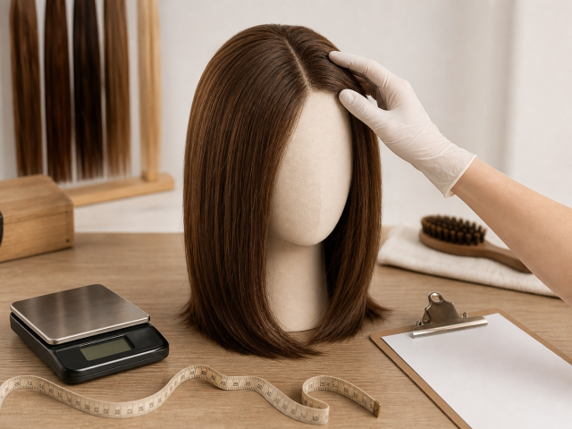 Final quality control inspection of a medical wig on mannequin head with measurement tools