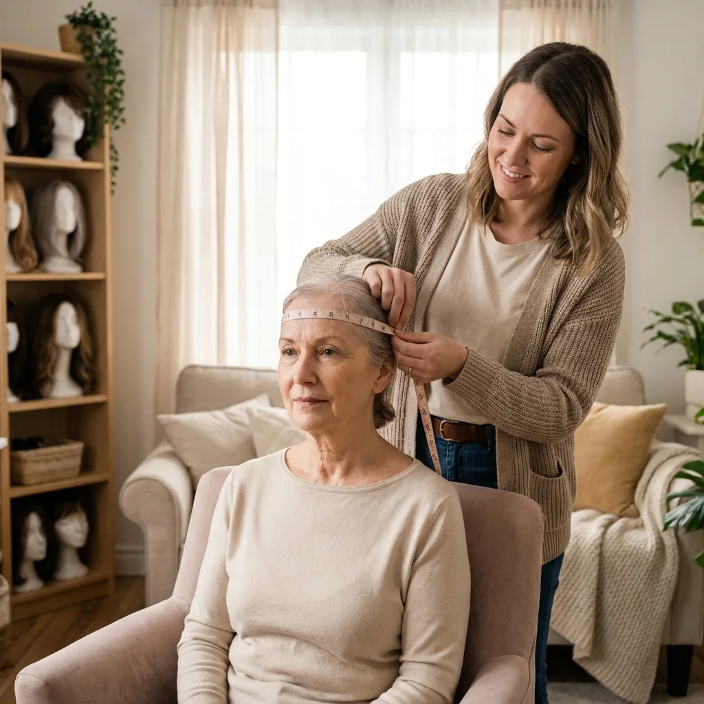 A stylist carefully measuring head circumference during a warm, private consultation