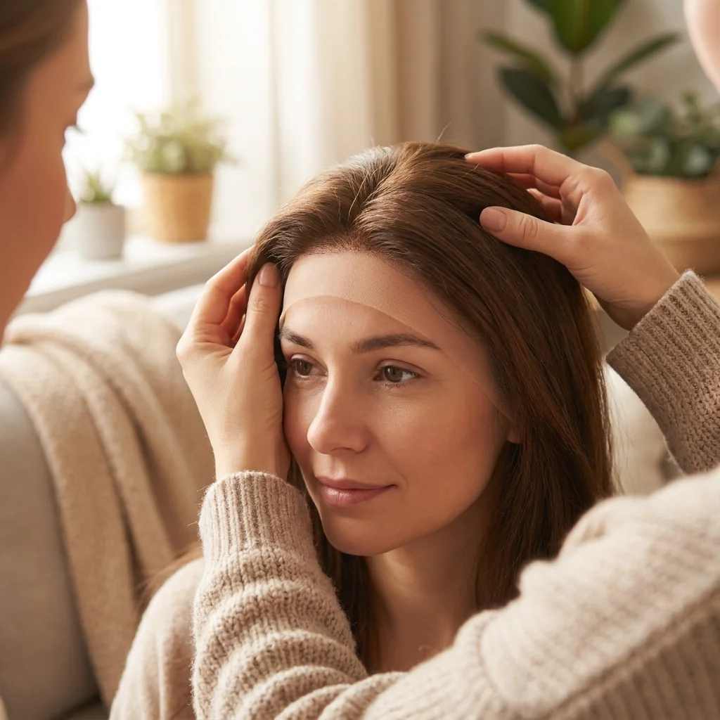 Gentle hands adjusting a medical wig into place with care