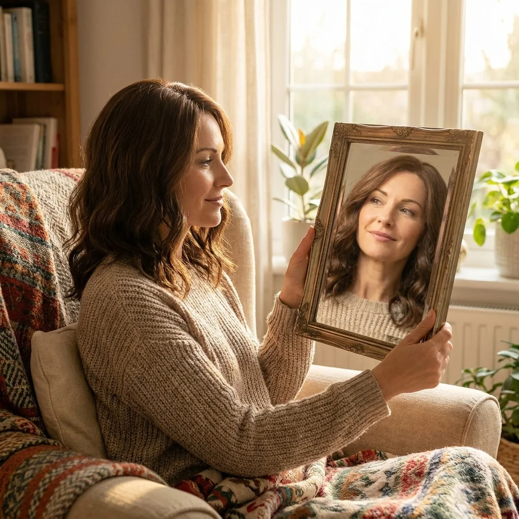 A woman looking at herself in the mirror with a calm, confident smile