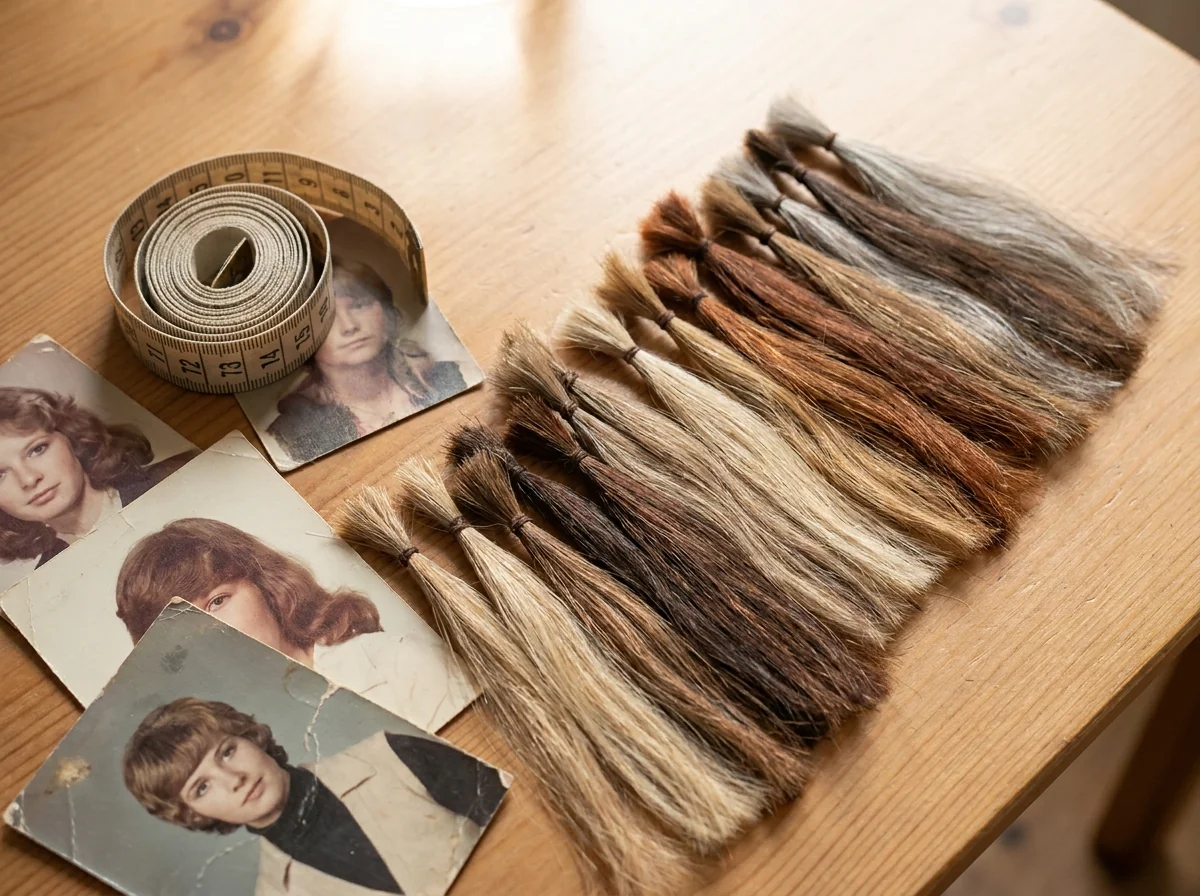 Color swatches, measurement tools, and reference photos for medical wig color matching