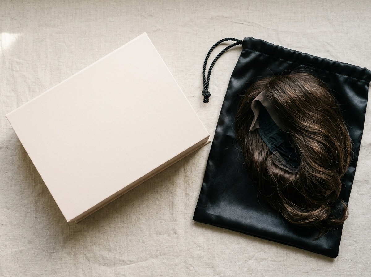 Premium private label wig packaging with branded box and satin bag