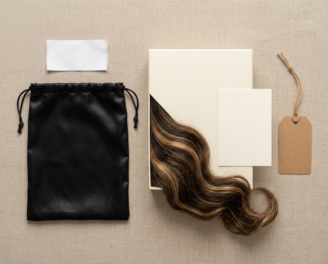 Private label branding elements flat-lay showing logo tag, satin bag, printed box, care card, and swing tag
