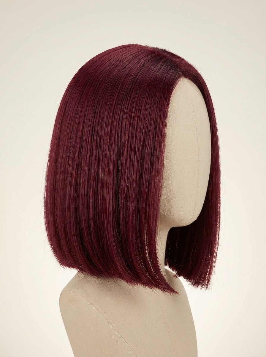 Burgundy 99J straight bob, rich color, modern cut