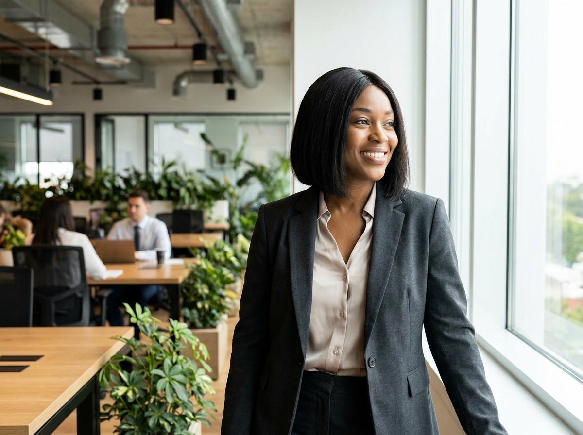 Woman wearing a chic short bob wig in professional setting