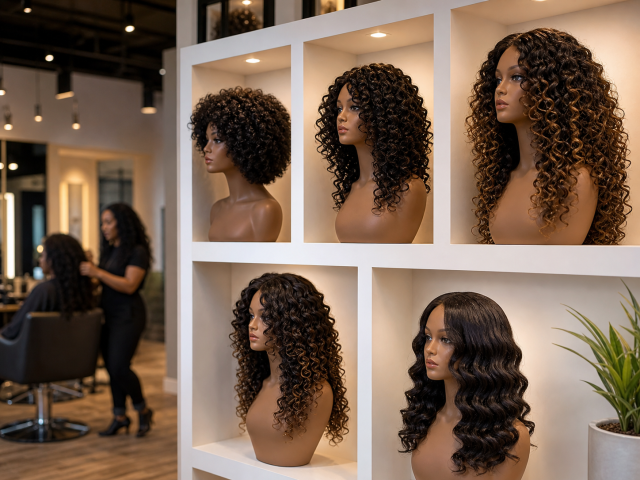 Curly wigs displayed in a professional hair salon
