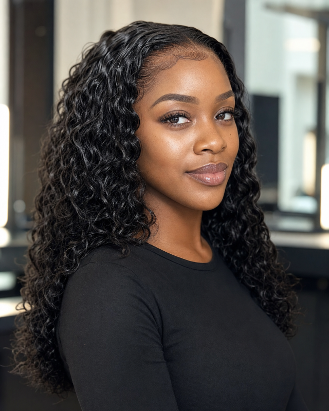 Deep wave wig styled in wet look with defined S-curls and high shine