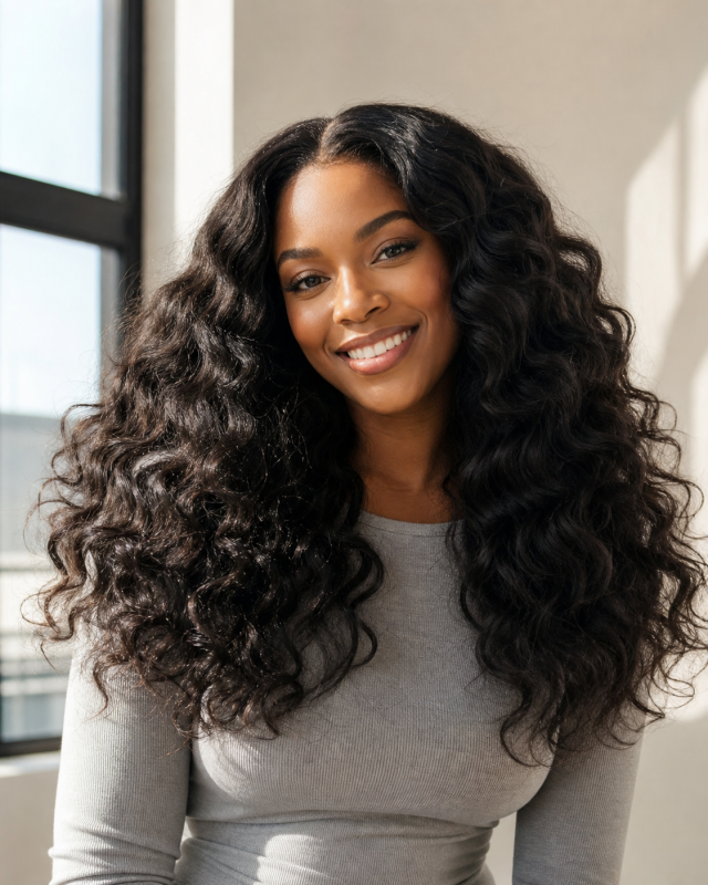 Deep wave wig in dry glam style with bouncy voluminous S-curls