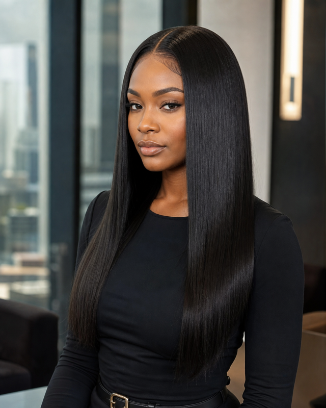 Deep wave wig flat ironed into sleek straight style