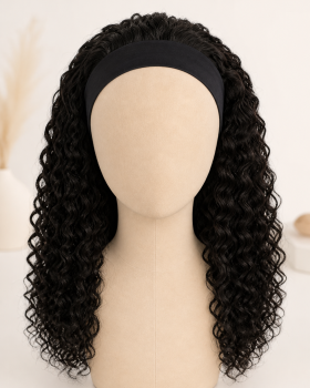 Headband wig with visible fabric band for easy wear
