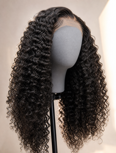 Glueless deep wave wig with pre-cut HD lace, voluminous curls