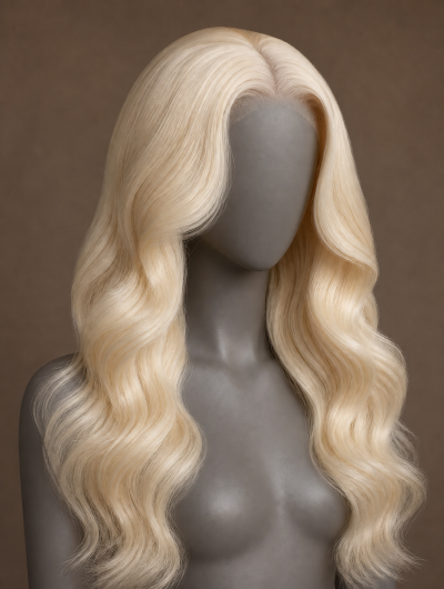 613 platinum blonde glueless wig, body wave texture