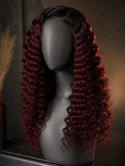 Burgundy 99J glueless wig with deep wave texture