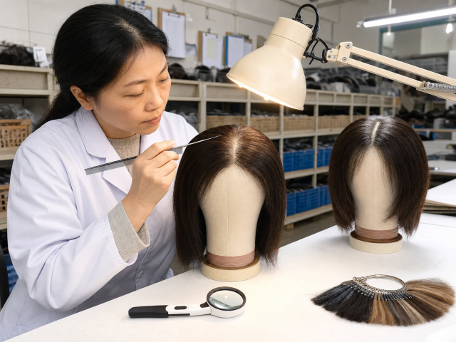 Final QC testing hair topper under three lighting conditions