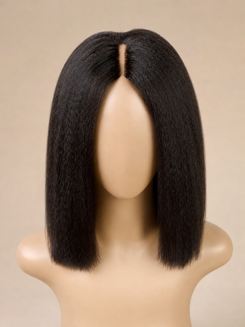 Wholesale V-Part yaki straight human hair wig relaxed texture match