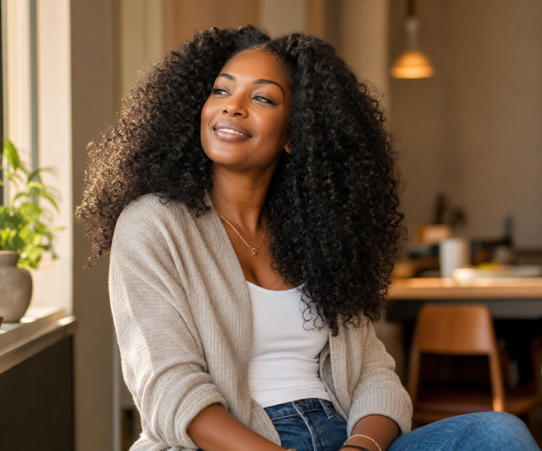 Woman with natural hair wearing U-Part wig showing seamless blend